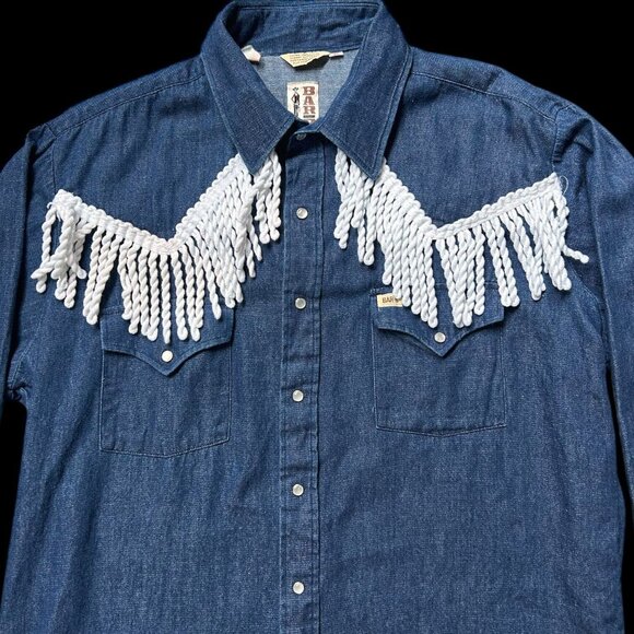 70s vintage fringe denim shirt pointed collar Bar B Western Wear snap button. - Picture 3 of 11